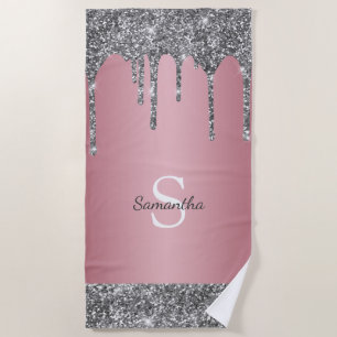 Chic Silver Glitter Drips Rose Gold Pink Monogram Beach Towel