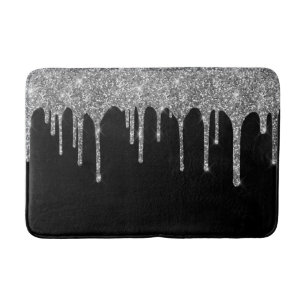 Chic Silver Glitter Drips Sparkle Black Bath Mat