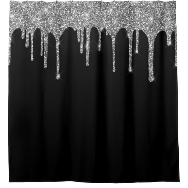 Chic Silver Glitter Drips Sparkle Black Shower Curtain (Front)