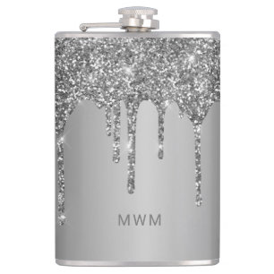 Chic Silver Glitter Drips Sparkle Monogram Hip Flask