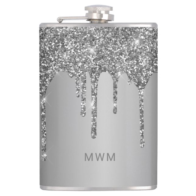 Chic Silver Glitter Drips Sparkle Monogram Hip Flask (Front)