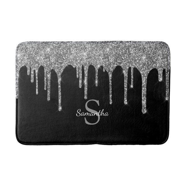 Chic Silver Glitter Drips Sparkle Monogram Name Bath Mat (Front)