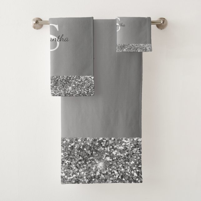 Chic Silver Glitter Drips Sparkle Monogram Name Bath Towel Set (Insitu)