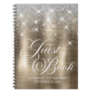 Chic Silver Glitter Gold 21st Bday Guestbook Notebook