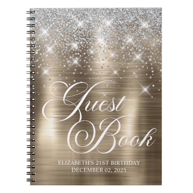 Chic Silver Glitter Gold 21st Bday Guestbook Notebook (Front)