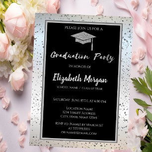Chic Silver Glitter Graduation Cap,Confetti Invitation