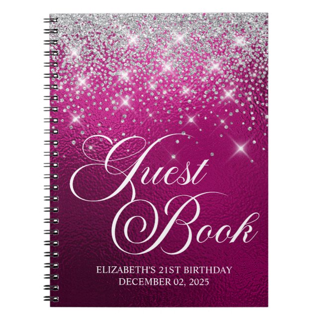 Chic Silver Glitter Hot Pink 21st Bday Guestbook Notebook (Front)