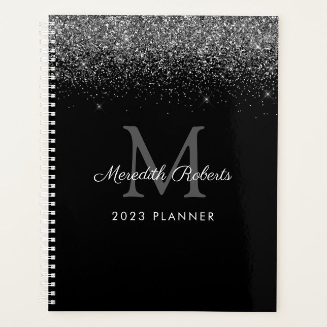 Chic Silver Glitter Monogram Black 2023 Planner (Front)