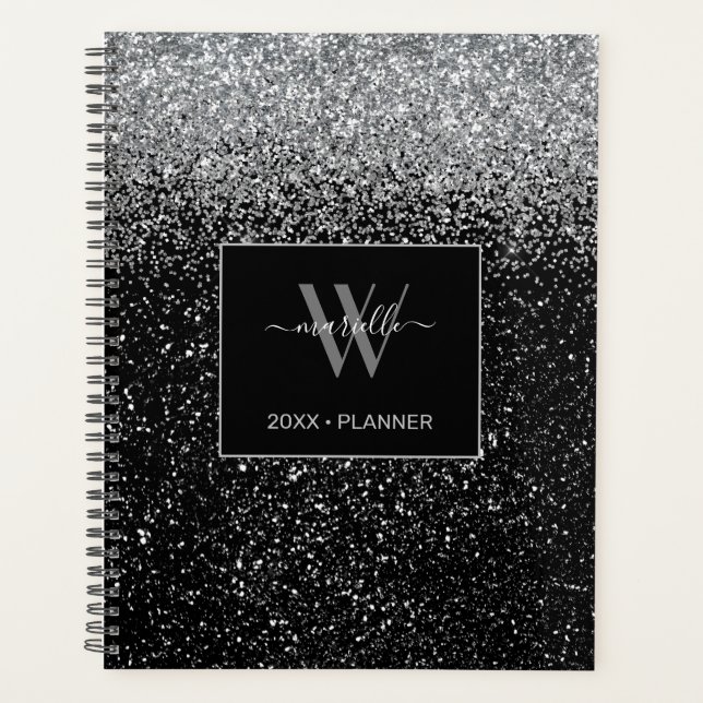 Chic Silver Glitter Monogram Name 2022 Planner (Front)