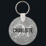 Chic silver glitter monogram name keychain<br><div class="desc">Chic silver glitter keychain with a white script monogram and a black typography name. Personalize with your name and initial.</div>