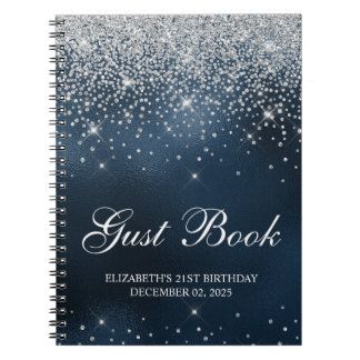Chic Silver Glitter Navy Blue 21st Bday Guestbook Notebook