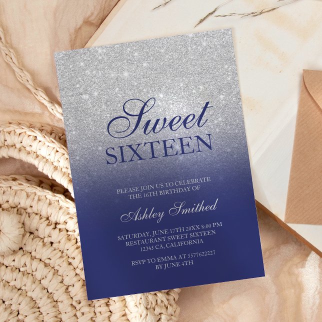Chic silver glitter navy blue elegant Sweet 16 Invitation (Creator Uploaded)