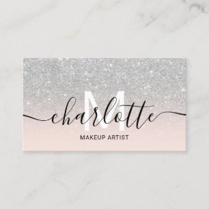 Chic silver glitter ombre pink name makeup logo business card