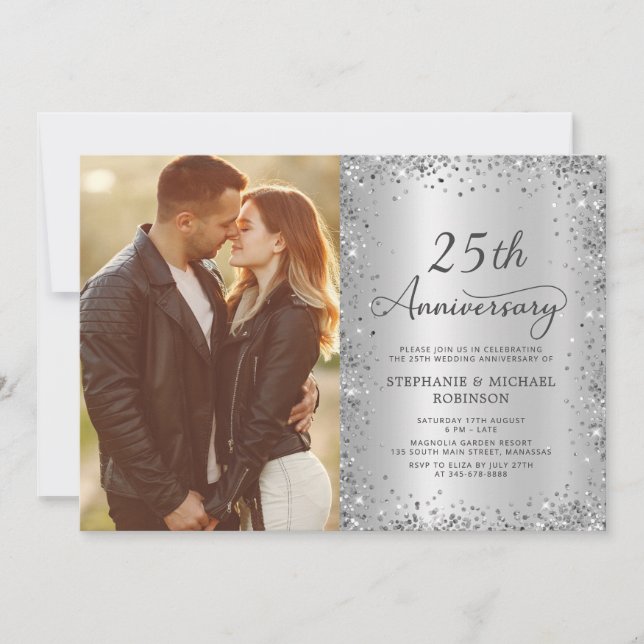 Chic Silver Glitter Photo 25th Wedding Anniversary Invitation (Front)