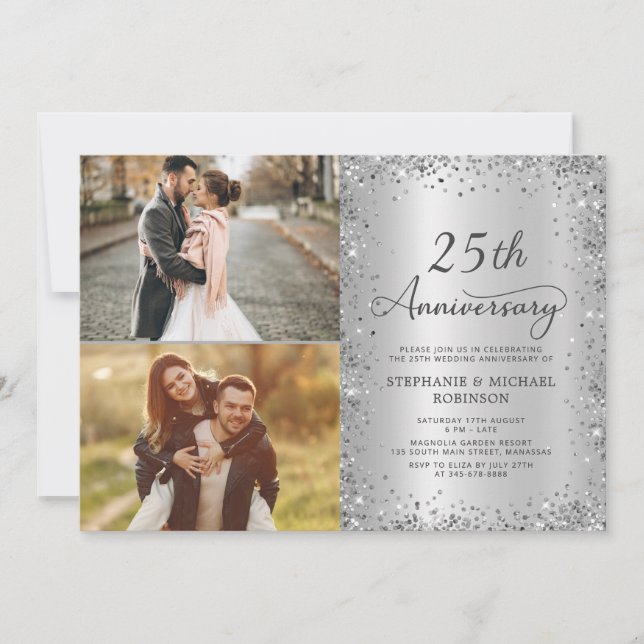 Chic Silver Glitter Photo 25th Wedding Anniversary Invitation (Front)