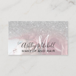 Chic silver glitter photo monogram makeup hair business card