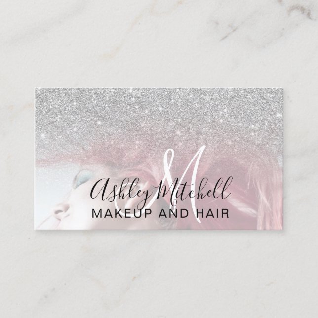 Chic silver glitter photo monogram makeup hair business card (Front)