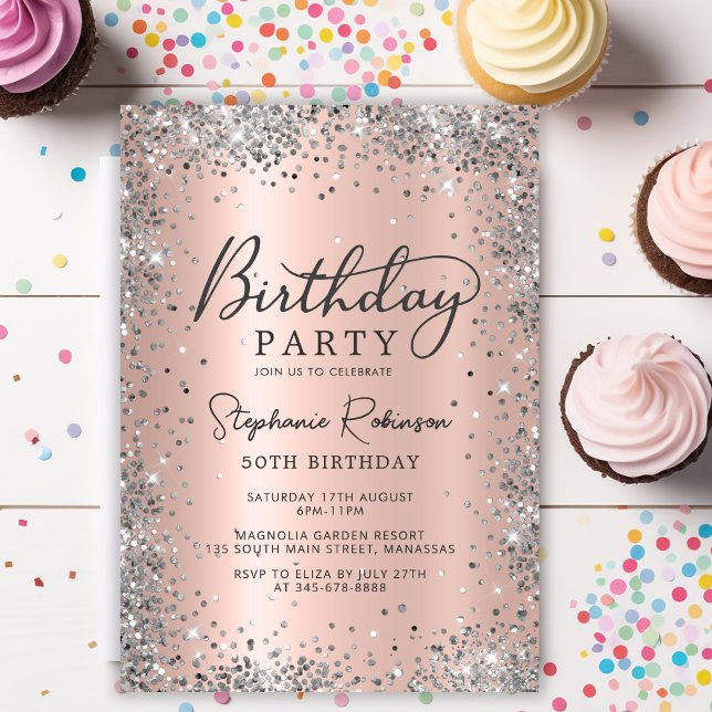 Chic Silver Glitter Rose Gold Metal 50th Birthday Invitation (Creator Uploaded)