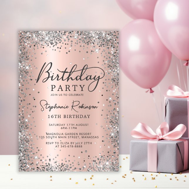 Chic Silver Glitter Rose Gold Sweet 16 Birthday  Invitation (Creator Uploaded)