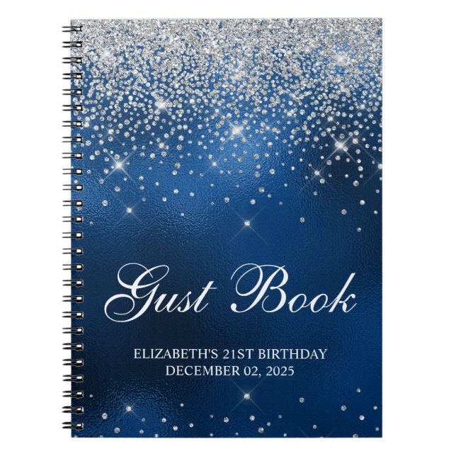 Chic Silver Glitter Royal Blue 21st Bday Guestbook Notebook (Front)