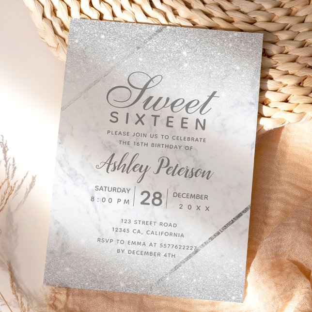 Chic silver glitter script marble Sweet 16 Invitation (Creator Uploaded)