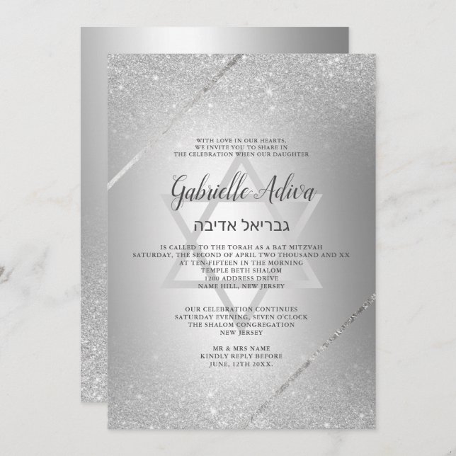 Chic silver glitter script metallic Bat Mitzvah Invitation (Front/Back)