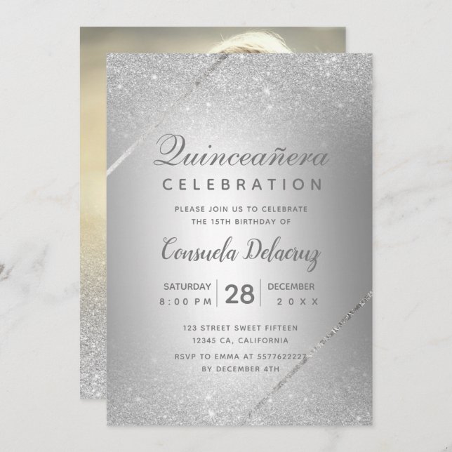 Chic silver glitter script metallic Quinceanera Invitation (Front/Back)
