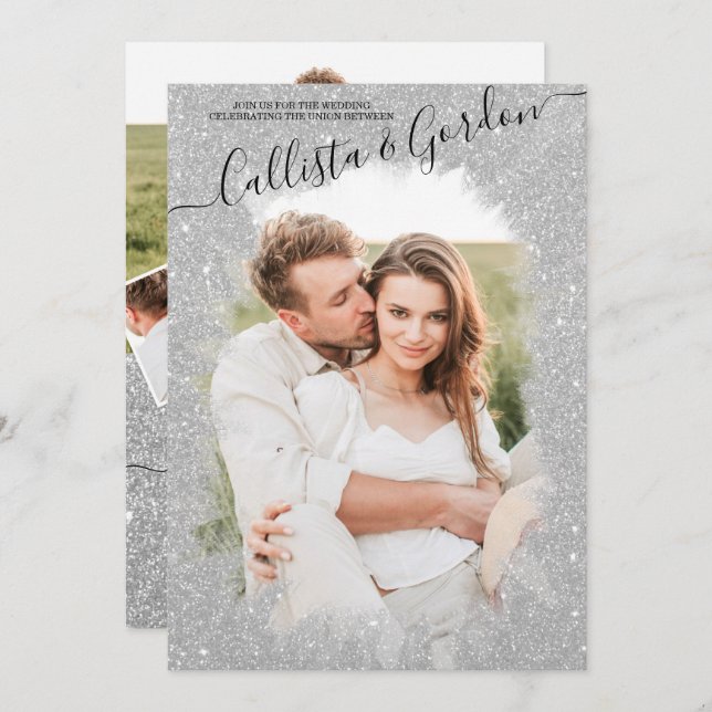 Chic Silver Glitter Script Photo Collage Wedding Invitation (Front/Back)