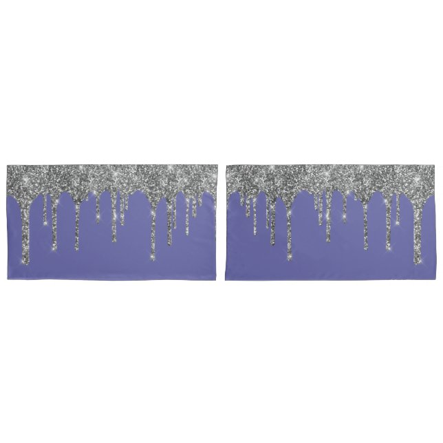 Chic Silver Glitter Sparkle Drips Periwinkle Pillowcase (Front-Set)