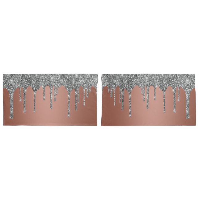 Chic Silver Glitter Sparkle Drips Rose Gold Pillowcase (Front-Set)