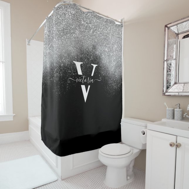 Chic Silver Glitter Sparkle Monogram Black Custom Shower Curtain (In Situ)