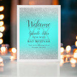 Chic silver glitter teal Bat Mitzvah welcome Poster<br><div class="desc">Chic silver typography and silver glitter ombre teal blue Bat Mitzvah party welcome sign. The teal blue background is fully customisable. Add your Hebrew name.</div>