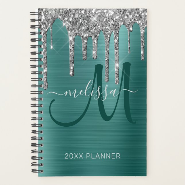 Chic Silver Glitter Teal Brushed Metal 2022 Planner (Front)