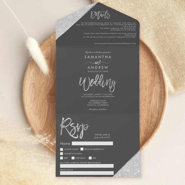 Chic silver glitter typography grey wedding all in one invitation (Creator Uploaded)