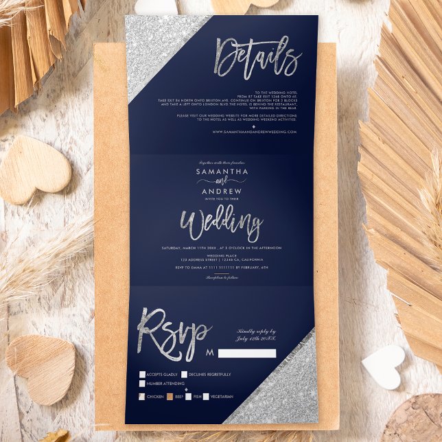Chic silver glitter typography navy blue wedding Tri-Fold invitation (Creator Uploaded)