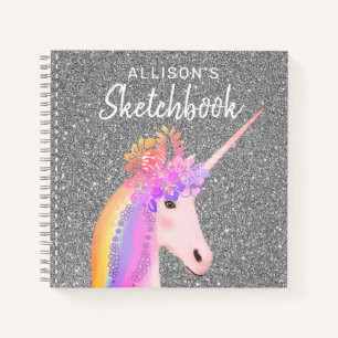 Chic Silver Glitter Unicorn Sketchbook Script Name Notebook