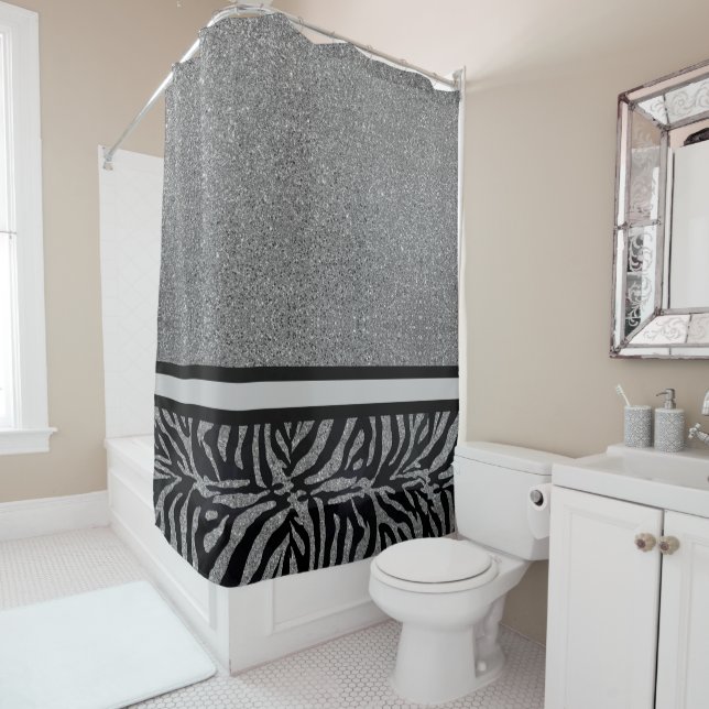 Chic Silver Glitter with Black Zebra Border Shower Curtain (In Situ)