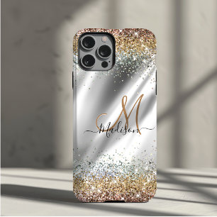 Chic silver Gold faux glitter monogram Case-Mate iPhone Case