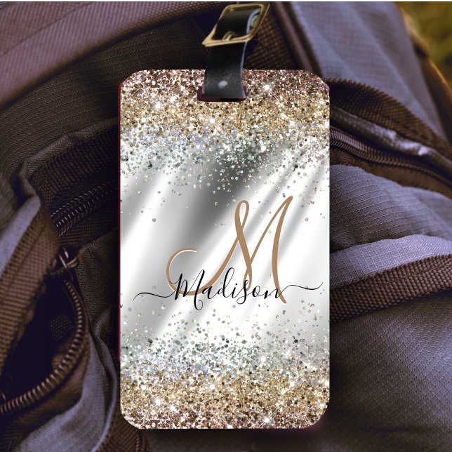 Chic silver Gold faux glitter monogram Luggage Tag (Creator Uploaded)