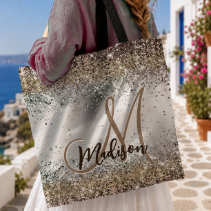 Chic silver Gold faux glitter monogram Tote Bag