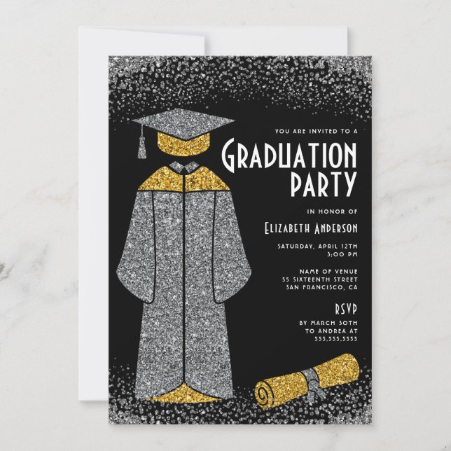 Chic Silver Gold Glitter Graduation Party Invitation (Front)