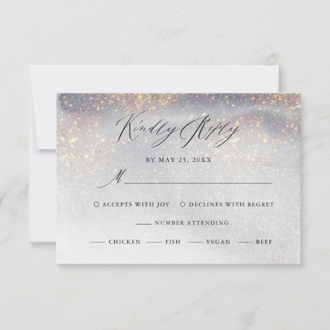 Chic Silver Gold Glitter Watercolor Luxury Wedding RSVP Card (Front)