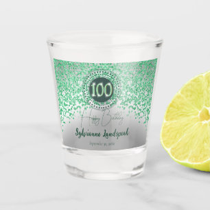 Chic Silver & Green Glitter 100th Birthday Gift Shot Glass