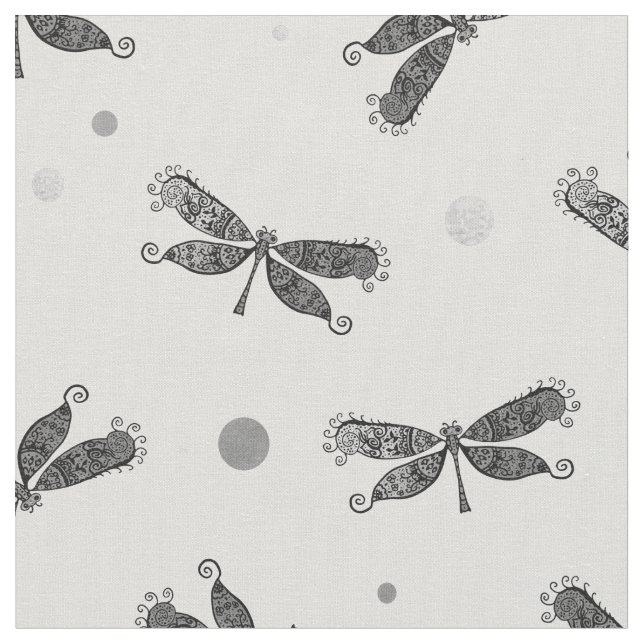 Chic Silver Grey and White Dragonfly Fabric (Close Up)