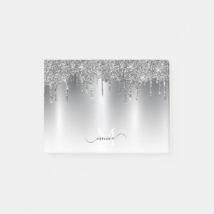 Chic Silver Grey Dripping Glitter Monogram Name Post-it Notes