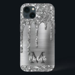 Chic Silver Grey Glitter Drips Monogram Pink Metal iPhone 13 Case<br><div class="desc">Elegant, modern, girly silver grey glitter drips silver metal custom personalised name and monogrammed iphone case. This design features silver glitter sparkle drips on grey brushed metal background with custom personalised monogram initial and first name text template. Perfect feminine gift for girl and women who loves pretty trendy glam things....</div>