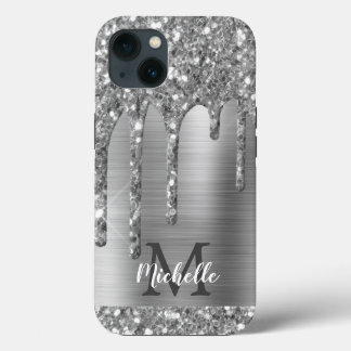 Chic Silver Grey Glitter Drips Monogram Pink Metal iPhone 13 Case