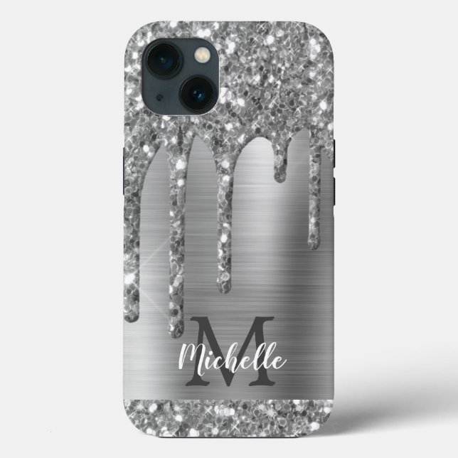 Chic Silver Grey Glitter Drips Monogram Pink Metal Case-Mate iPhone Case (Back)