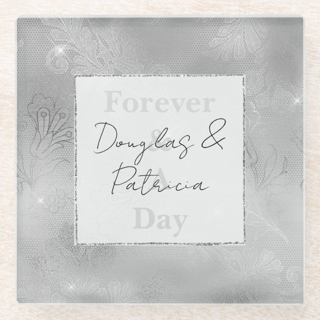 Chic Silver Lace  Glass Coaster (Front)