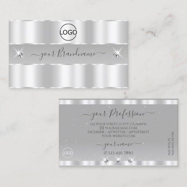 Chic Silver Light Grey Sparkling Diamonds Add Logo Business Card (Front/Back)